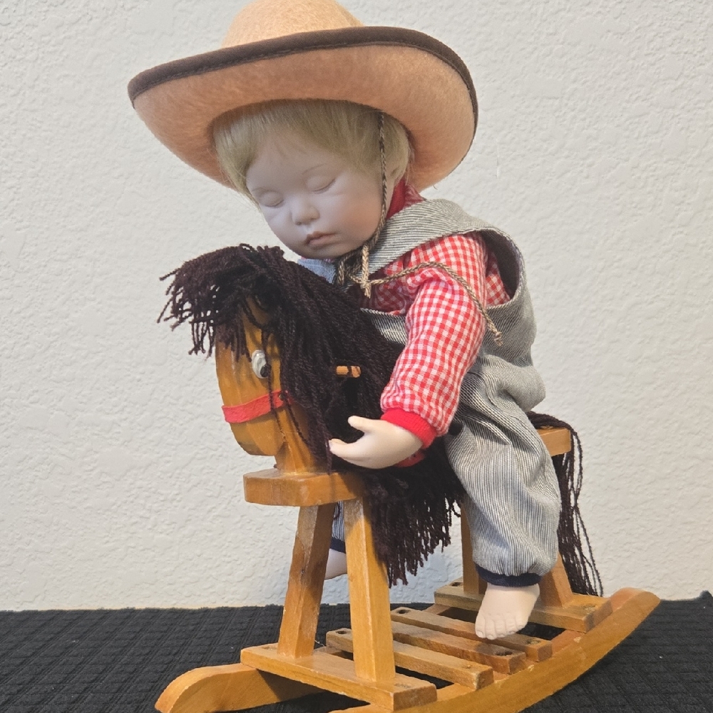 Adorable Cowboy Doll on Rocking Horse - Red and Brown